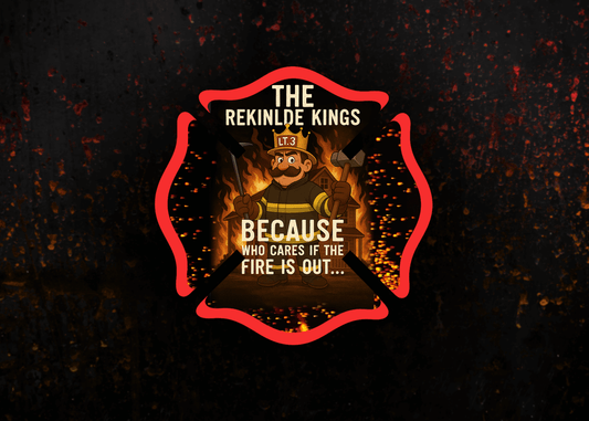 Close-up of the "Rekindle Kings" sticker graphic — crowned mustachioed firefighter officer with burning house background — firefighter humor die-cut vinyl sticker by Septic & Salty Supply Co.