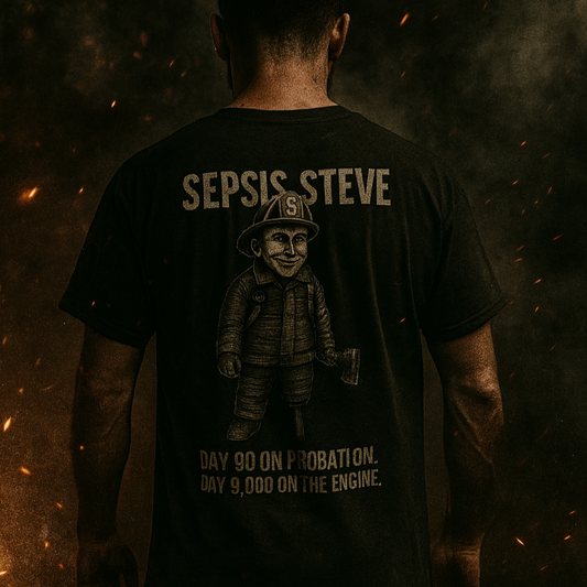 Sepsis Steve firefighter shirt – limited edition Septic & Salty tee with vintage graphic design and dark humor firehouse style.