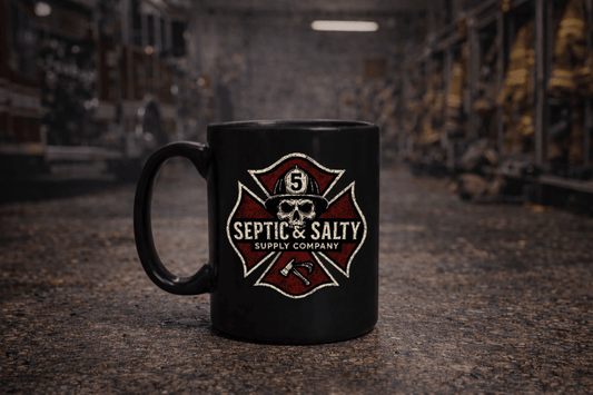 Black ceramic coffee mug with the Septic & Salty Supply Company logo displayed in a firehouse bay — distressed red and cream Maltese cross featuring a skull in a firefighter helmet with crossed axe and halligan — firefighter humor drinkware photographed on a firehouse floor with apparatus visible in the background.