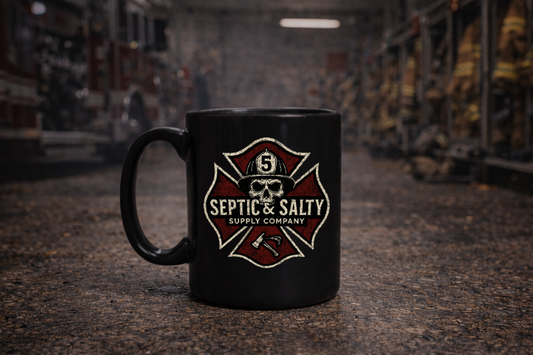 Black mug with 'Septic & Salty Supply Company' logo in a fire station setting