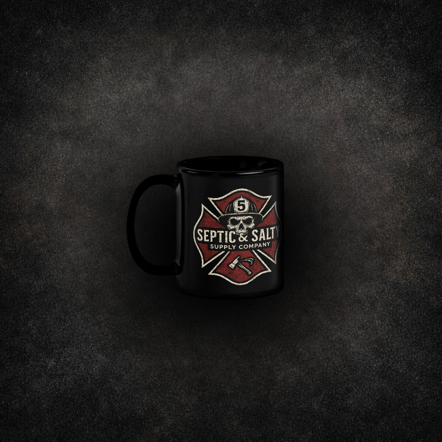 Black glossy coffee mug featuring the Septic & Salty Supply Company logo — a distressed red and cream Maltese cross with a skull in a firefighter helmet, crossed axe and halligan, and "Septic & Salty Supply Company" text — firefighter humor drinkware.