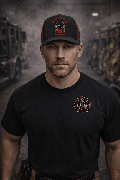Firehouse Fist Fights Cap – Firehouse Humor for Firefighters worn by a firefighter in front of fire trucks.