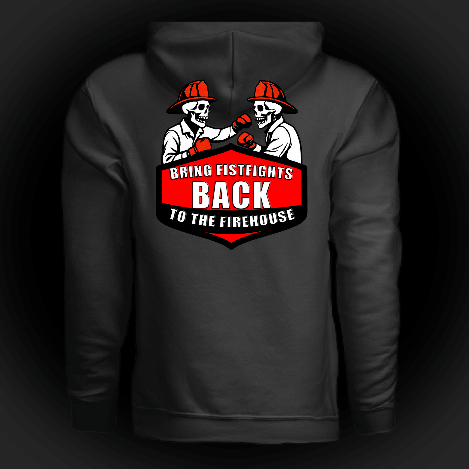 Firehouse Fistfights Hoodie-Firehouse Humor For Firefighters design featuring two skeletons in firefighter gear.