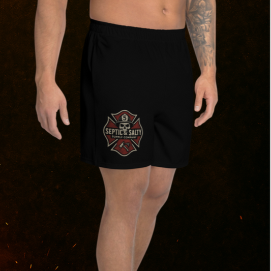 Septic & Salty Last In, First Out firefighter tactical shorts with embroidered skull patch.