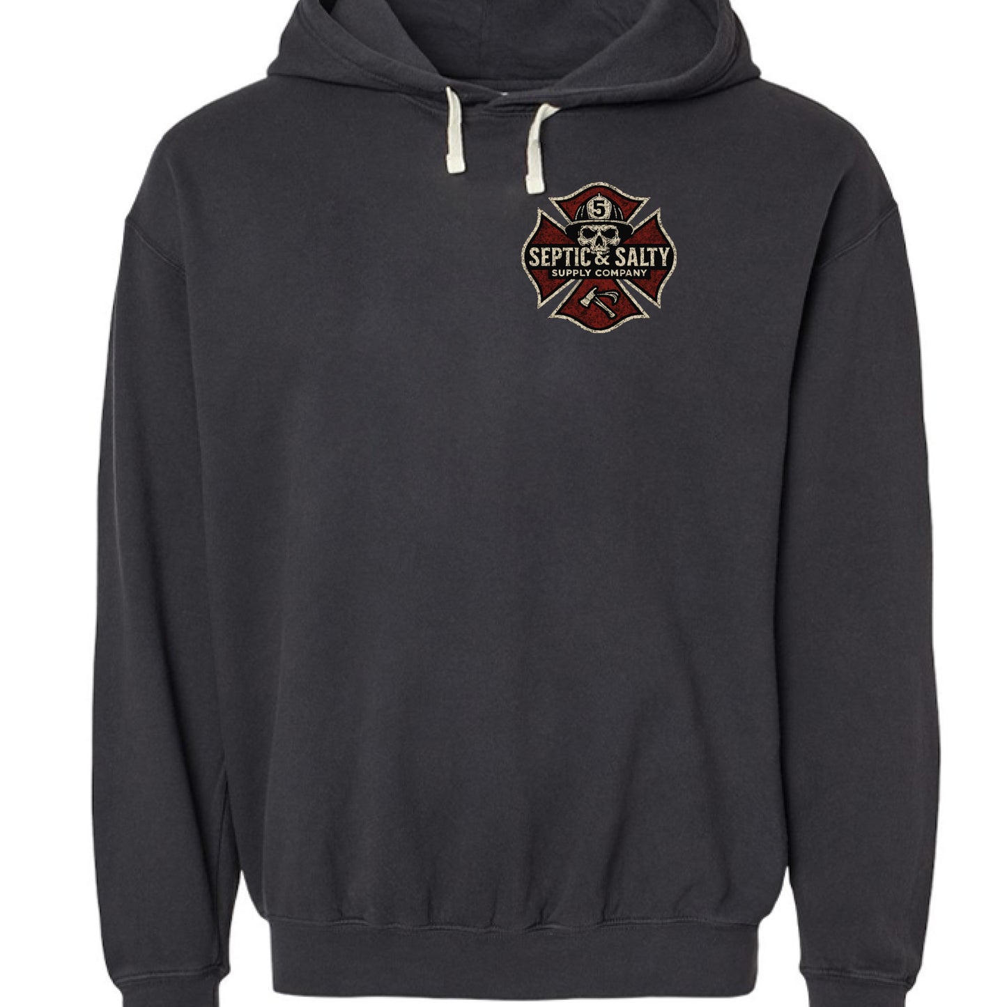 Front view of black St. Paddy’s Task Force hoodie with small Septic & Salty Supply Company maltese cross logo on left chest.