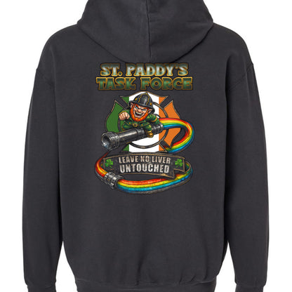 Back view of black St. Paddy’s Task Force hoodie featuring leprechaun firefighter graphic, Irish flag background, rainbow fire hose, and “Leave No Liver Untouched” text.