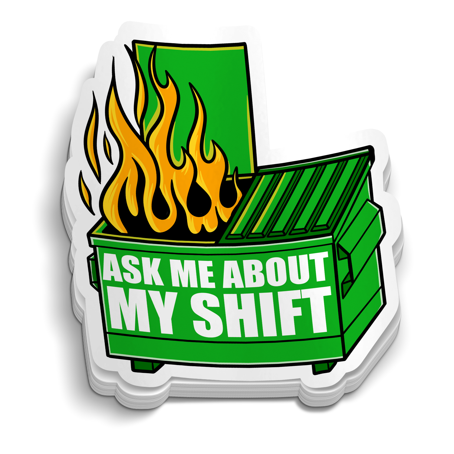 Ask Me About My Shift die-cut firefighter dumpster fire sticker, weatherproof vinyl, 2.5 inch