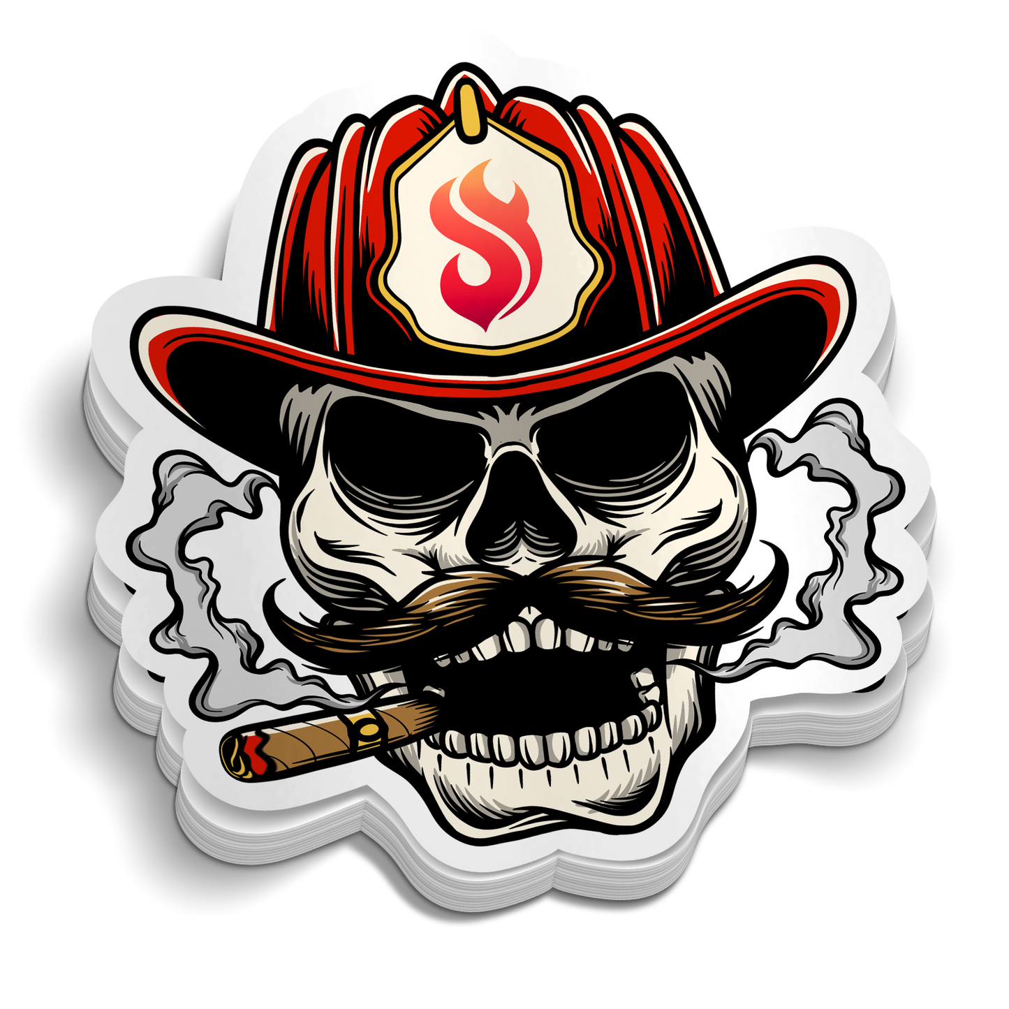 Extra Salty die-cut firefighter skull mustache cigar sticker, weatherproof vinyl, 2.5 inch