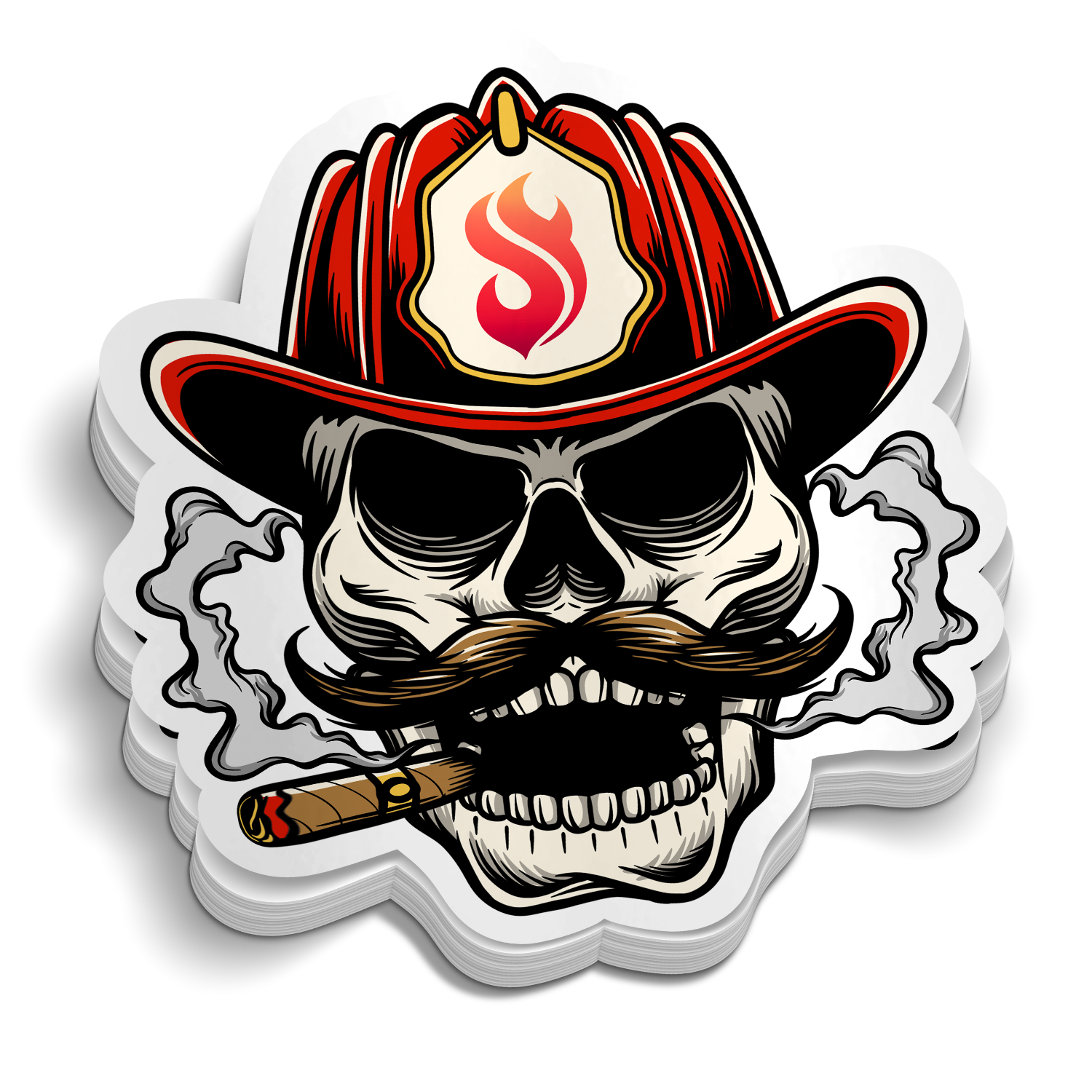 Extra Salty die-cut firefighter skull mustache cigar sticker, weatherproof vinyl, 2.5 inch