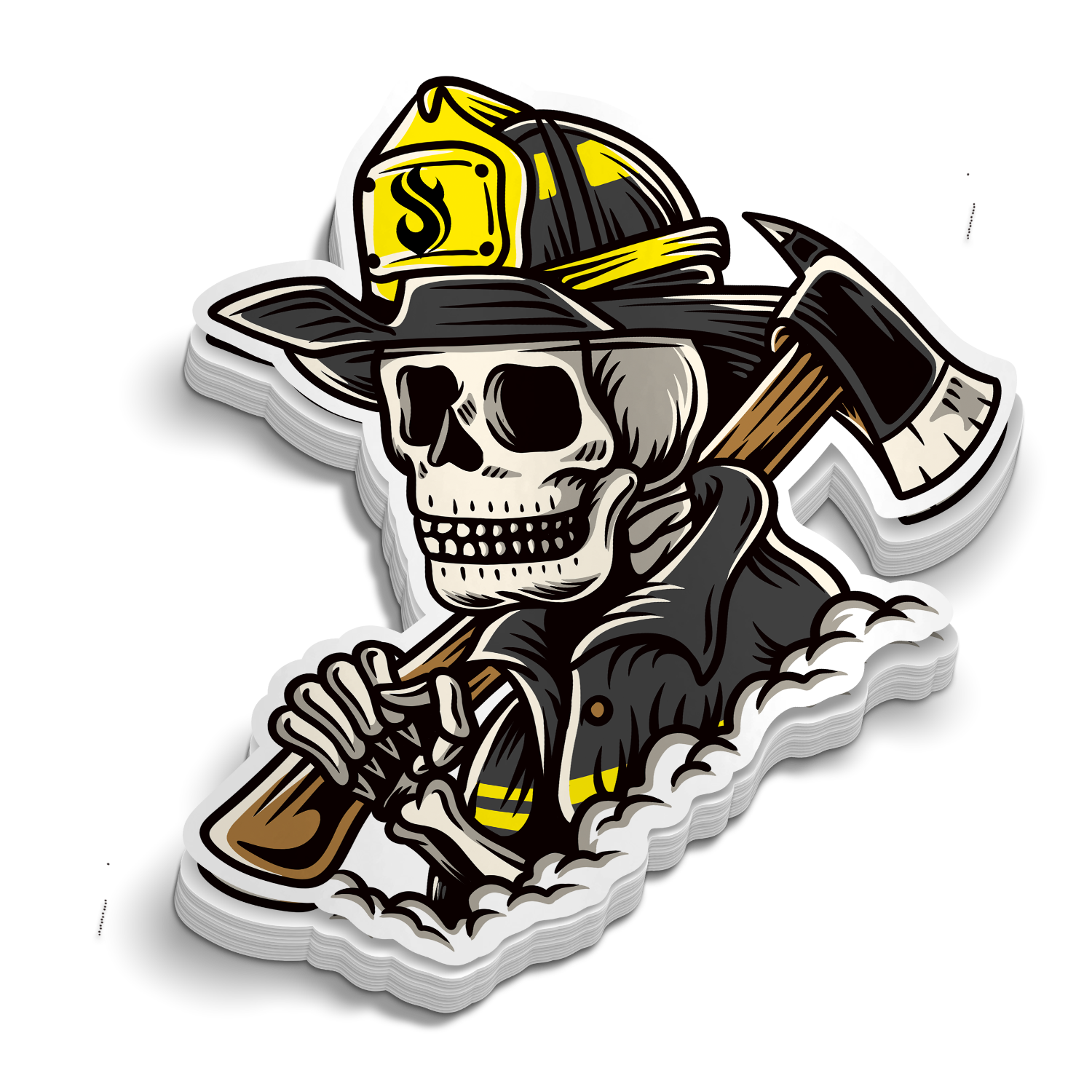 Goon Squad Axe Man die-cut firefighter skull axe helmet sticker, weatherproof vinyl, 3 inch
