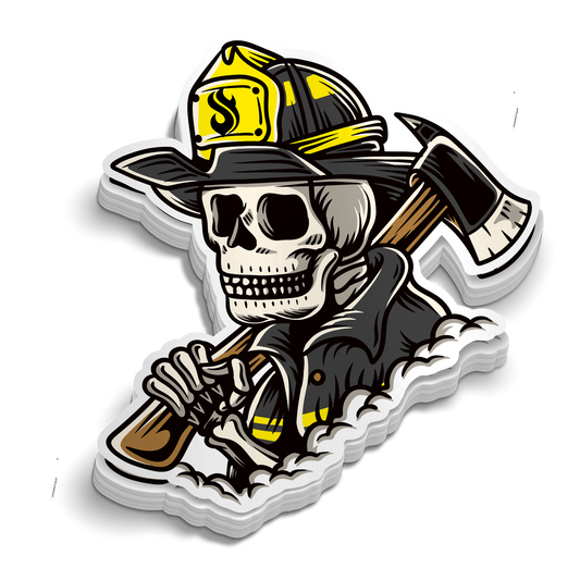 Goon Squad Axe Man die-cut firefighter skull axe helmet sticker, weatherproof vinyl, 3 inch
