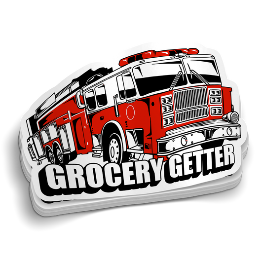 Grocery Getter die-cut firefighter fire engine sticker, weatherproof vinyl, 2.5 inch