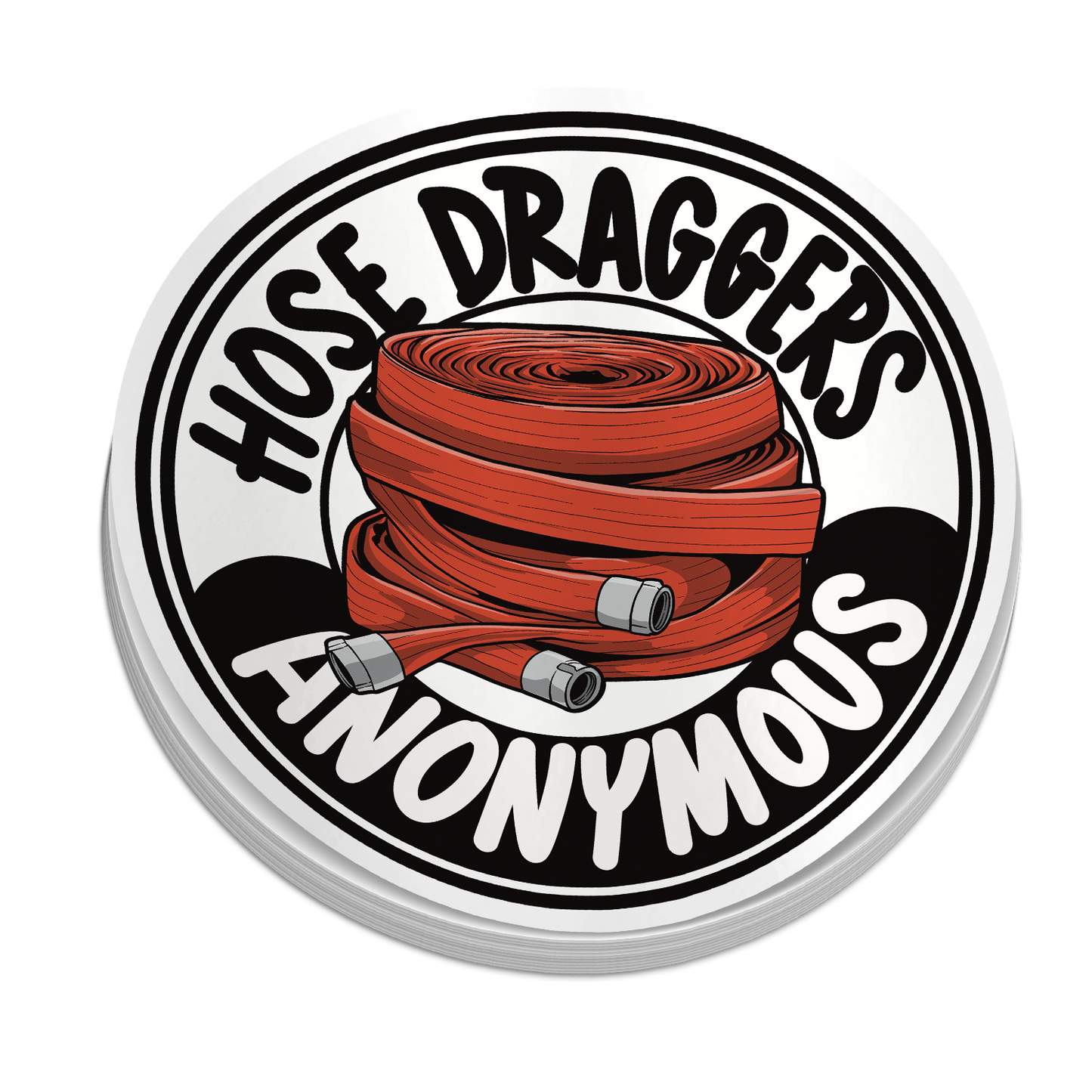 Hose Draggers Anonymous die-cut firefighter fire hose round sticker, weatherproof vinyl, 2.5 inch