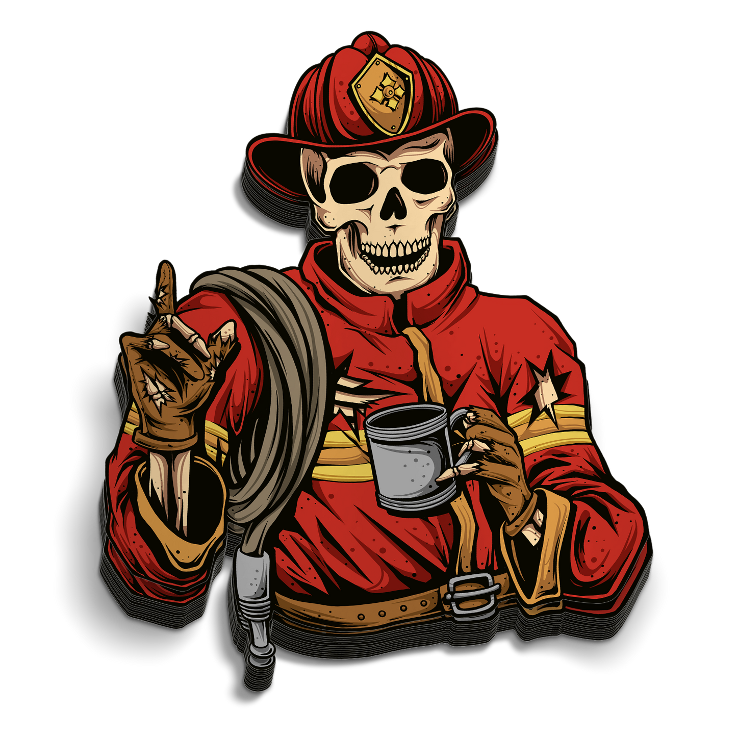 Coffee Break die-cut firefighter skull hose coffee mug sticker, weatherproof vinyl, 2.5 inch
