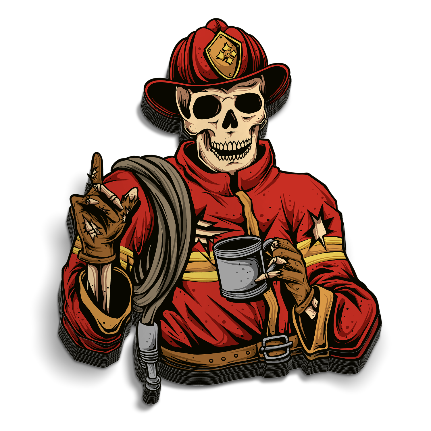 Coffee Break die-cut firefighter skull hose coffee mug sticker, weatherproof vinyl, 2.5 inch