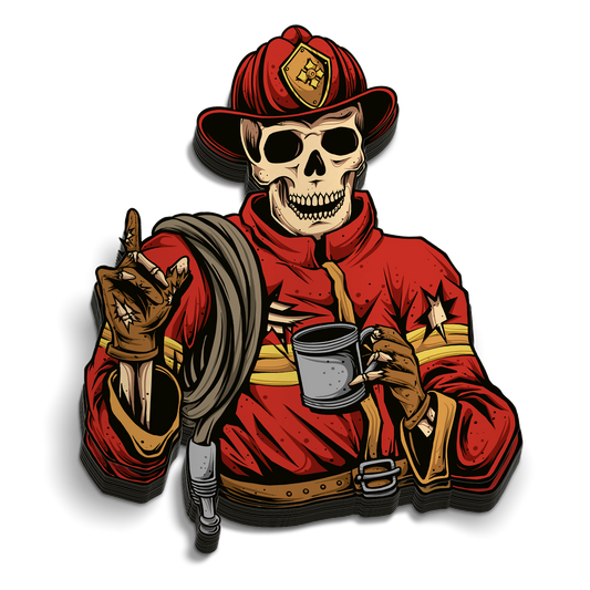 Coffee Break die-cut firefighter skull hose coffee mug sticker, weatherproof vinyl, 2.5 inch