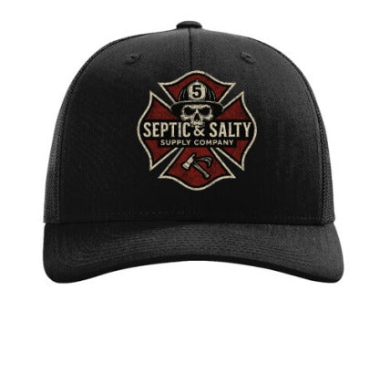 Black firefighter trucker hat featuring an embroidered red and gold Maltese cross with a skull and axes emblem. The text reads “Septic & Salty Supply Company” with the number 5 at the top. The hat has a structured front and black mesh back for ventilation.