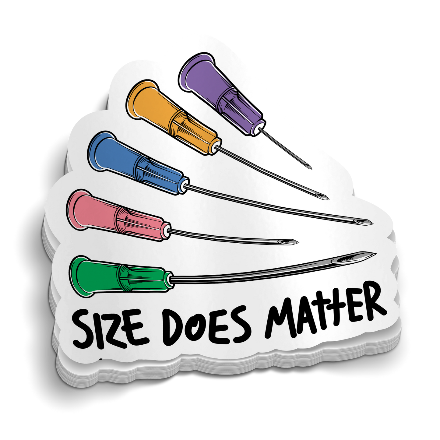 Size Does Matter die-cut EMS IV needle gauge sticker, weatherproof vinyl, 2.5 inch