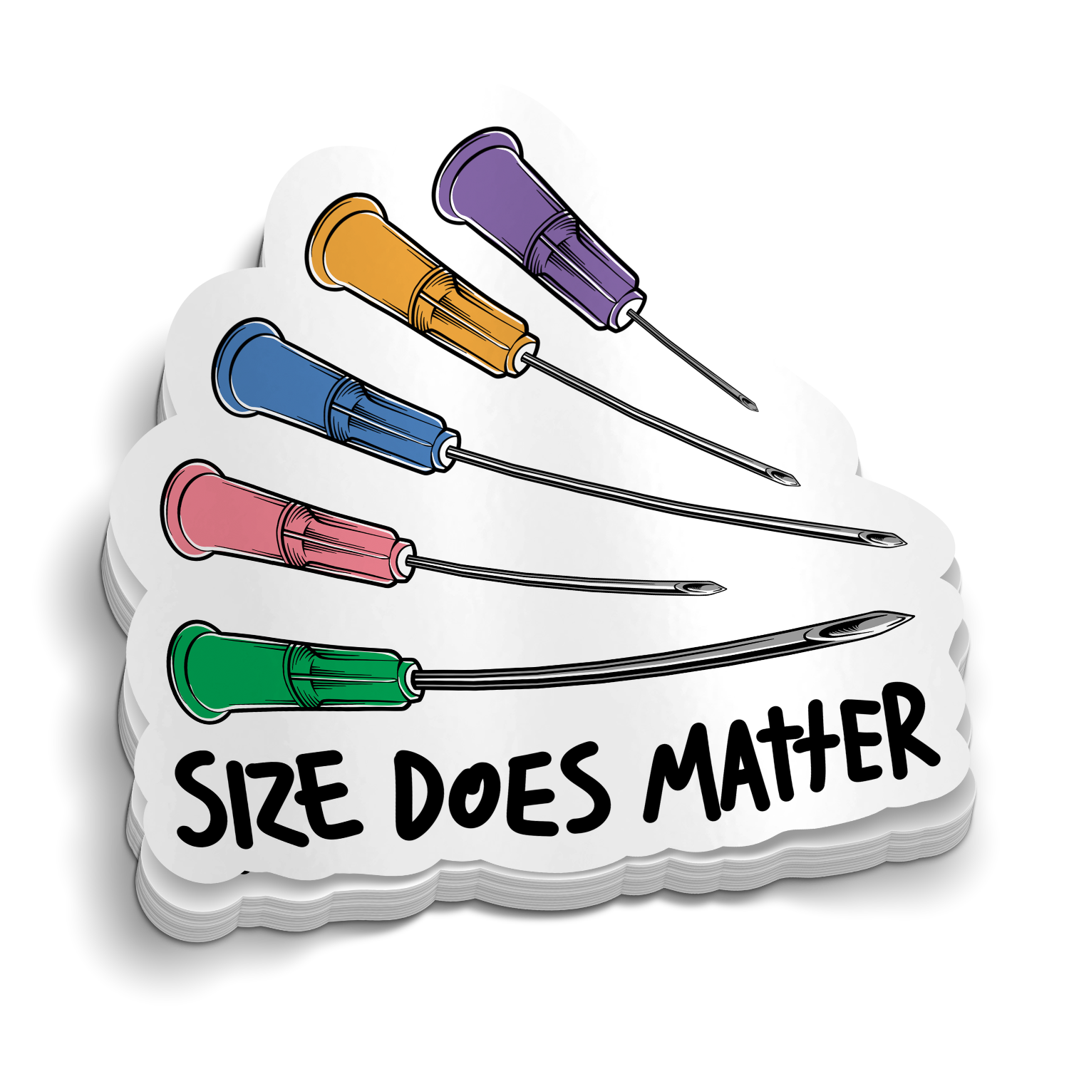 Size Does Matter die-cut EMS IV needle gauge sticker, weatherproof vinyl, 2.5 inch