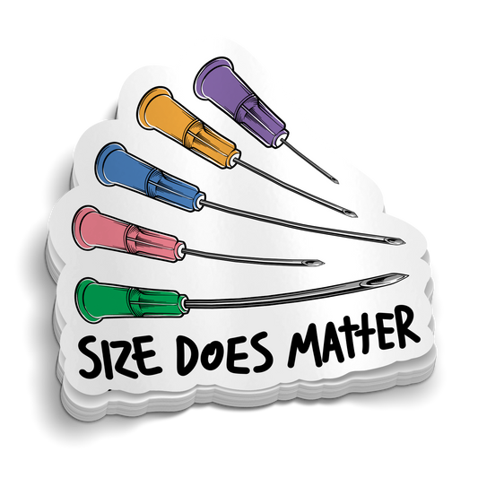 Size Does Matter die-cut EMS IV needle gauge sticker, weatherproof vinyl, 2.5 inch