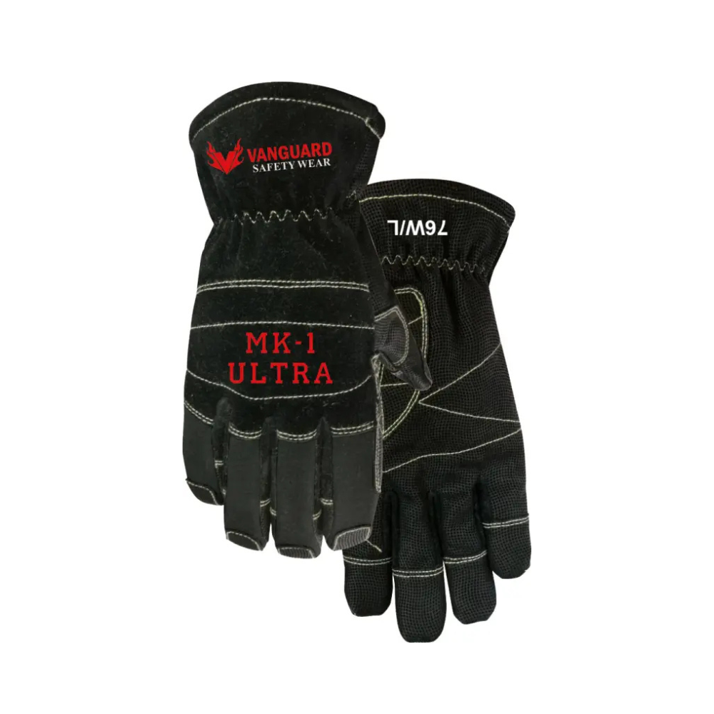 Black safety gloves with red and white text on a white background