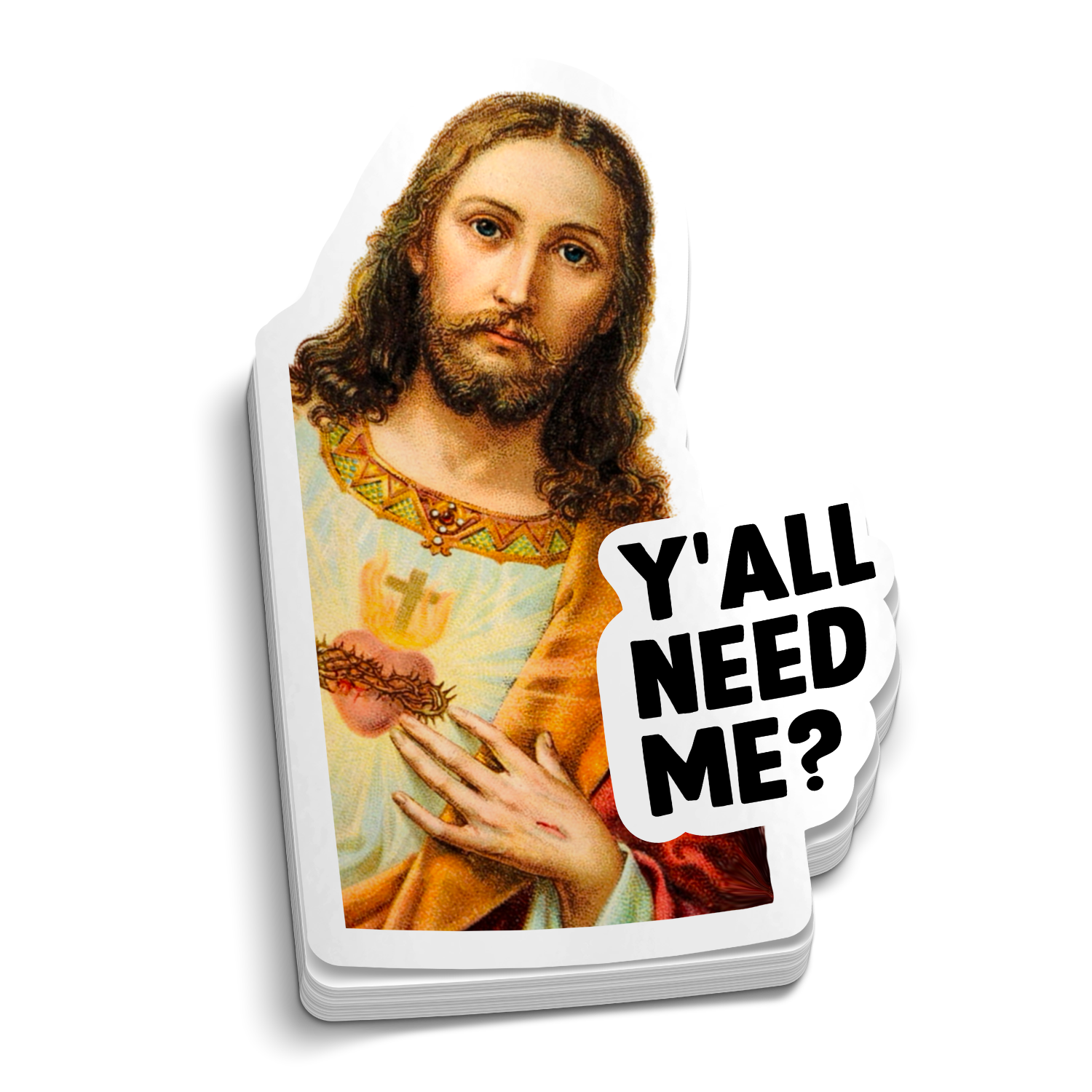 Y'all Need Me Jesus Sacred Heart die-cut firefighter EMS humor sticker, weatherproof vinyl, 3 inch
