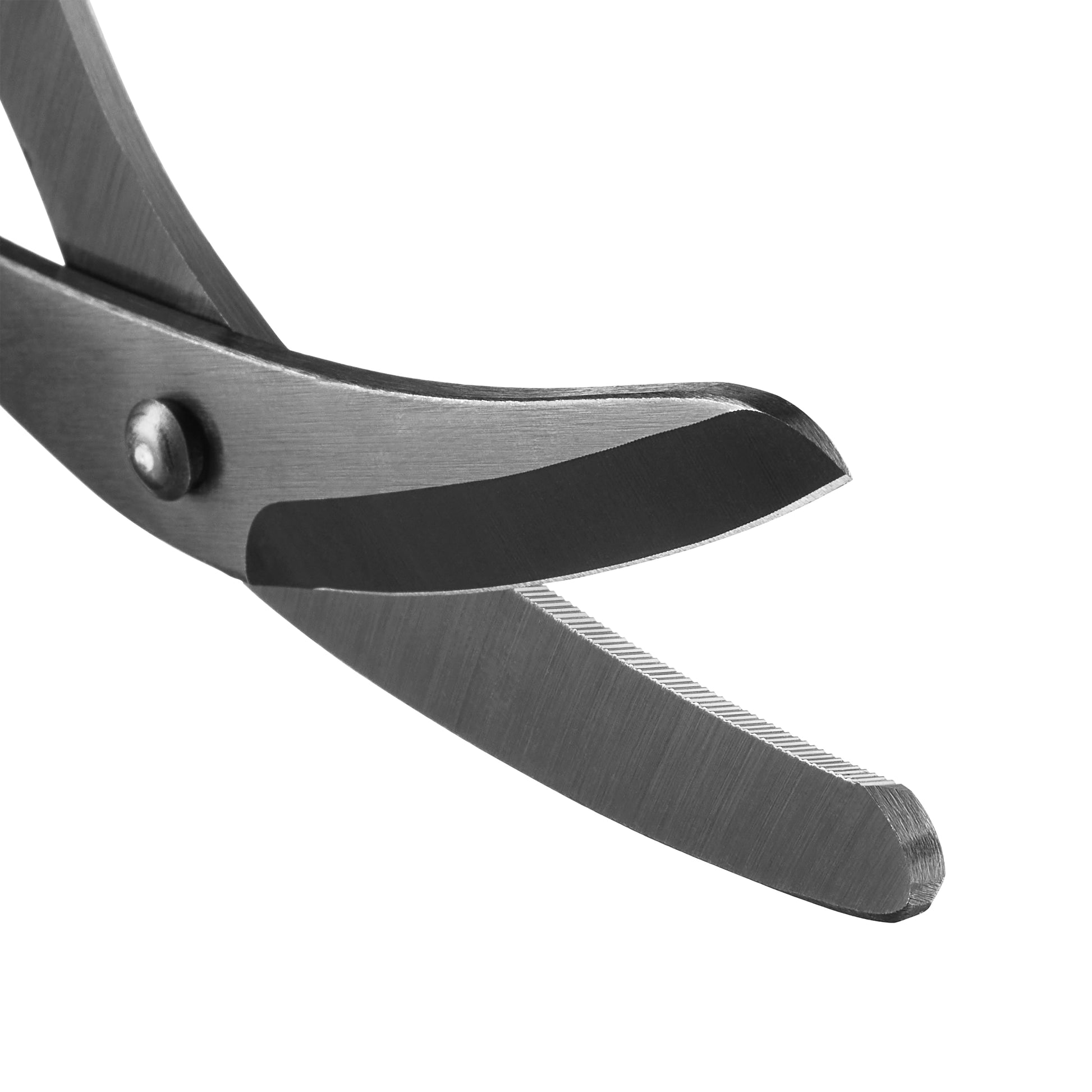 Close-up of a pair of black-handled scissors on a white background