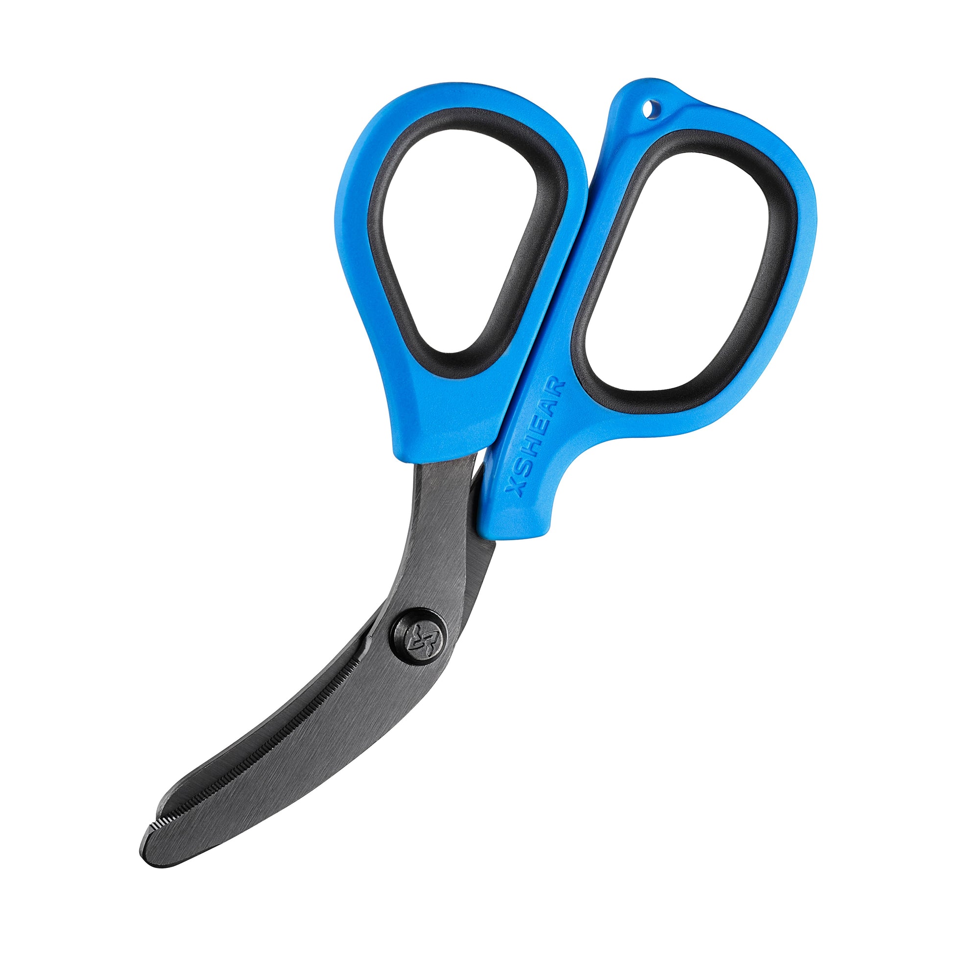 Pair of scissors with blue handles and black blades on a white background
