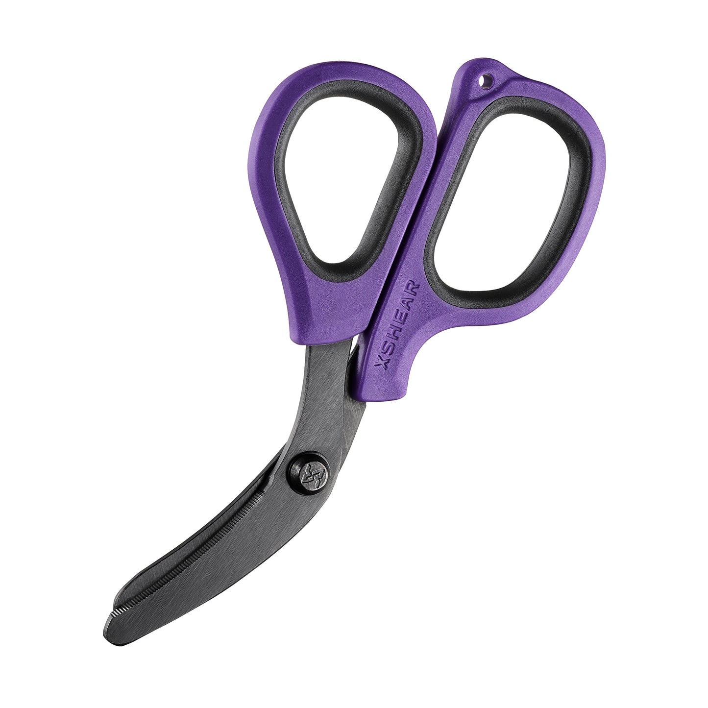 Purple and black scissors on a white background