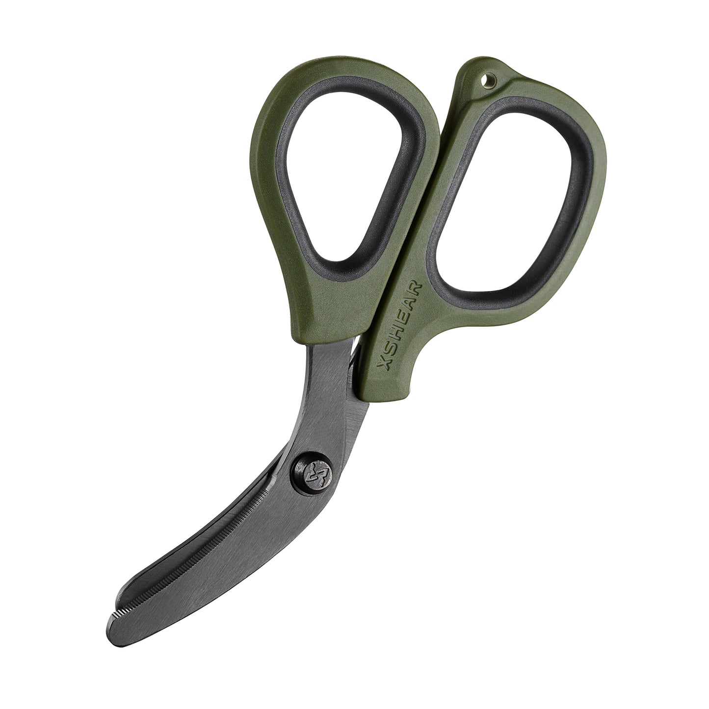 Green and silver shears on a white background