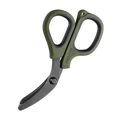 Green and silver shears on a white background