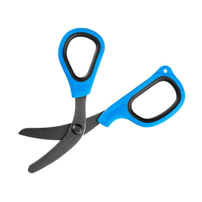 Pair of scissors with blue handles on a white background