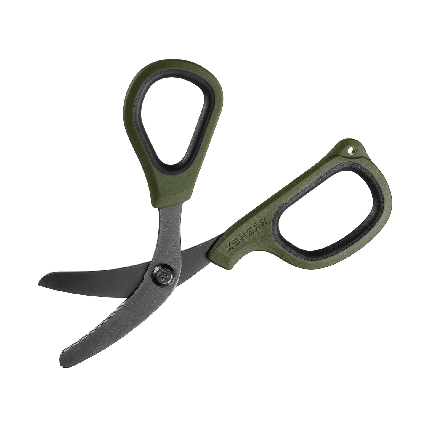 Green and black shears on a white background