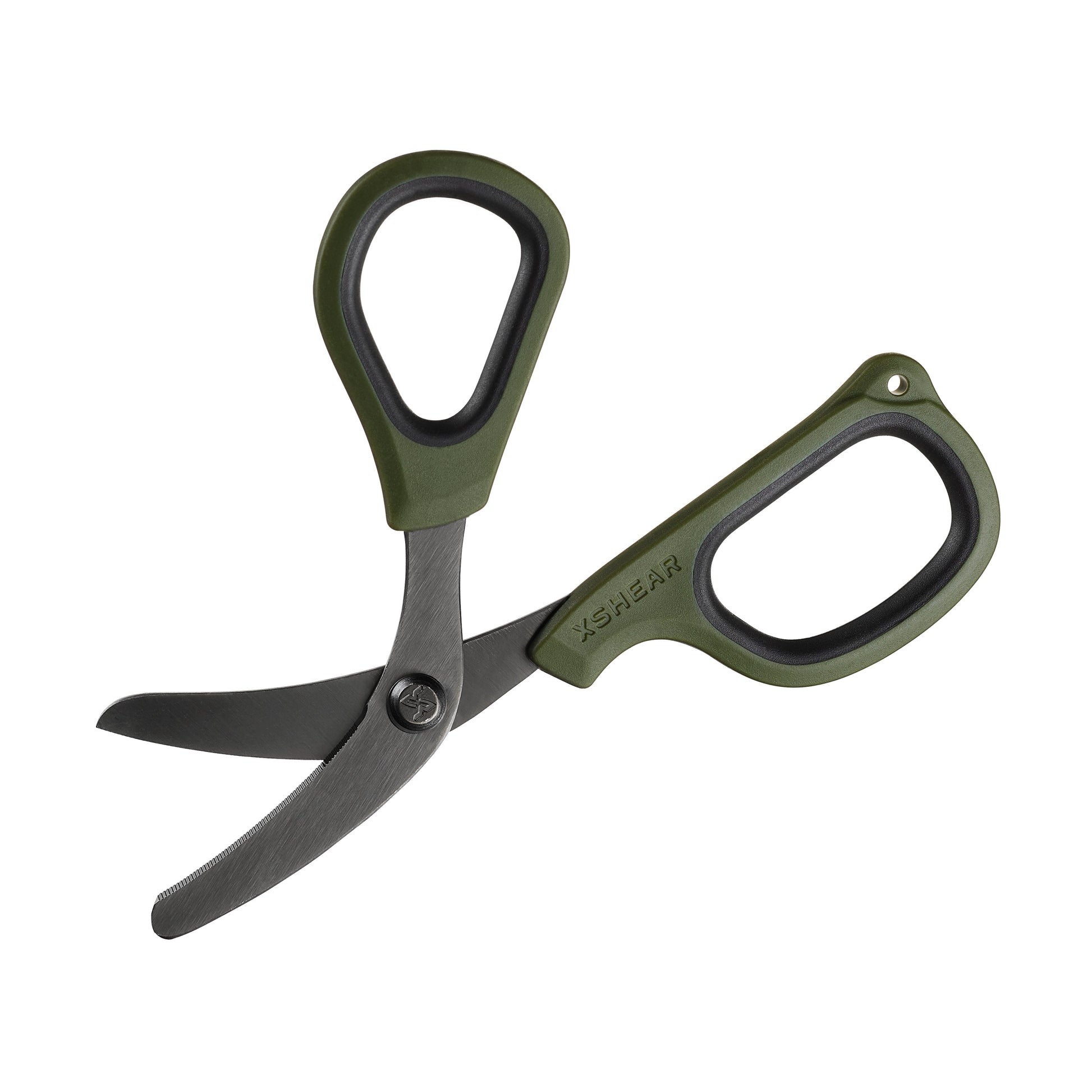 Green and black shears on a white background