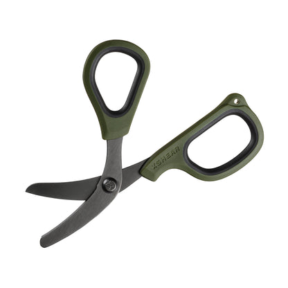 Green and black shears on a white background