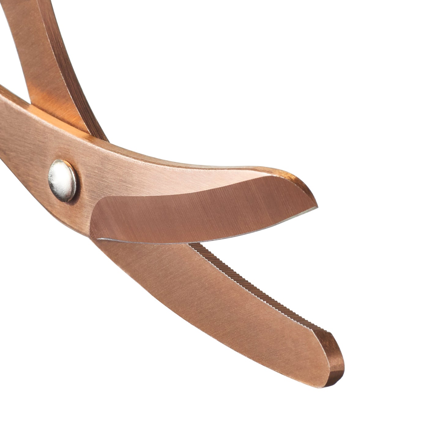 Close-up of a pair of copper-colored scissors on a white background