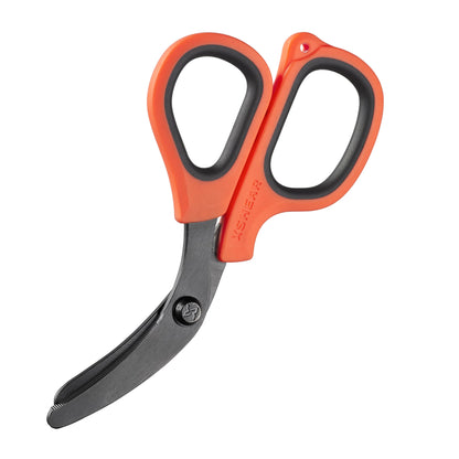 Orange and black scissors on a white background