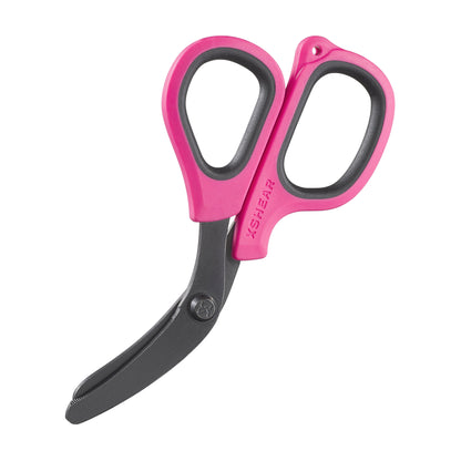 Pink and black scissors on a white background