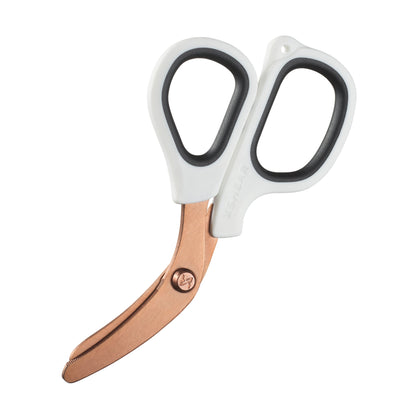 Scissors with white handles and copper blades on a white background