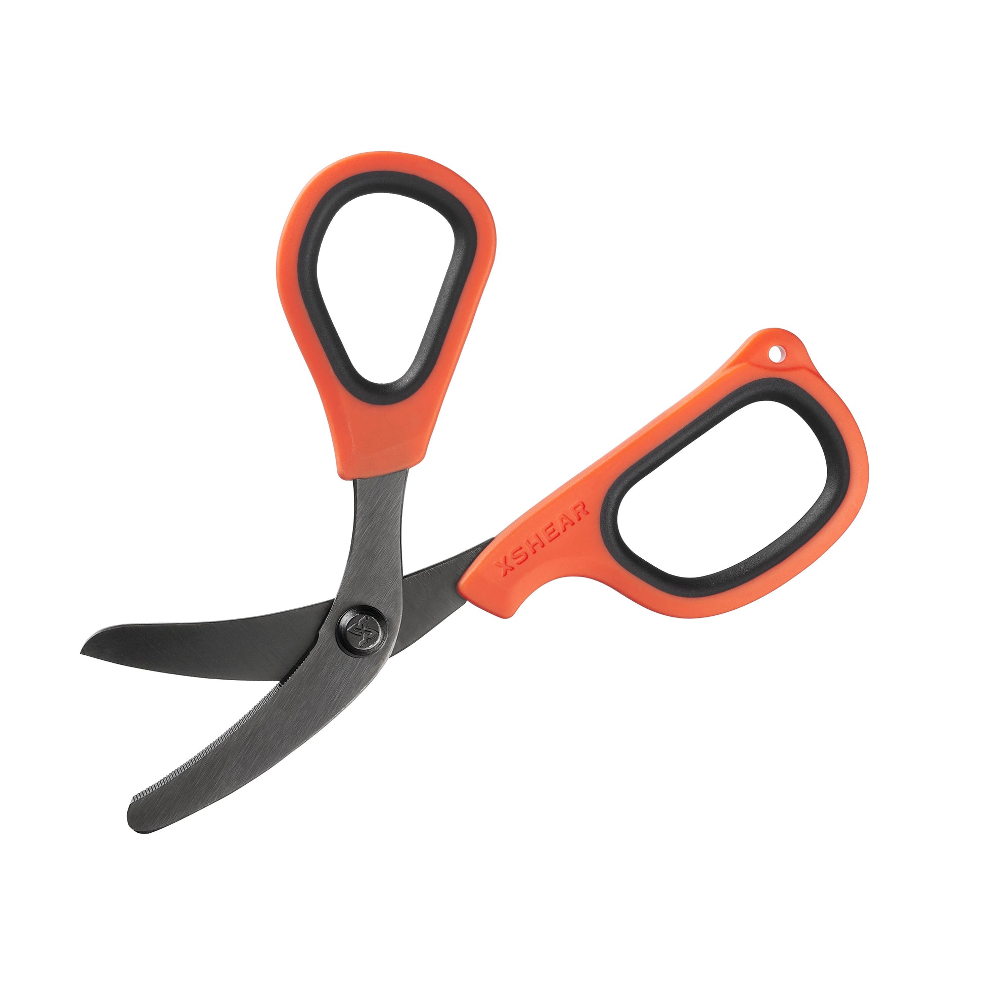 Pair of orange-handled scissors on a white background
