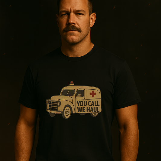 You Call, We Haul firefighter EMS humor shirt by Septic & Salty, dark comedy transport tee for EMTs and paramedics.