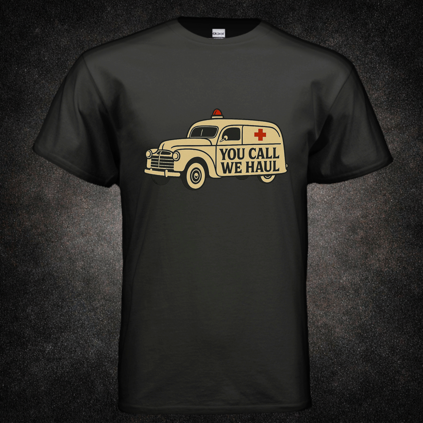 Black t-shirt with vintage ambulance graphic and text on a dark background