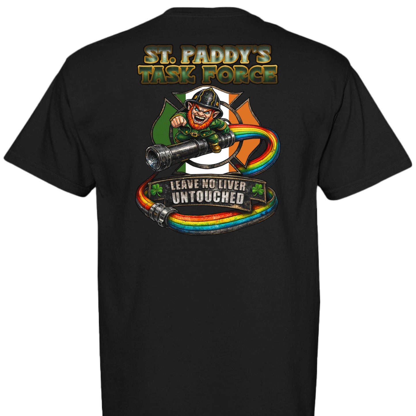 Black t shirt with saint patricks day logo on back. 