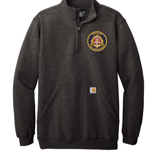 The Founders’ Carhartt sweatshirt featuring fire service logo, mock neck design, and front pocket.