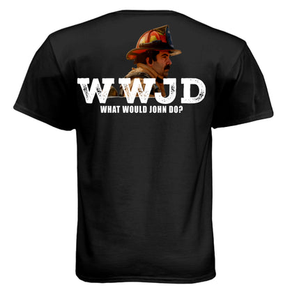 Close up of WWJD firefighter shirt design with distressed text